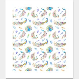 Pastel Colored Floral Peacocks Pattern Posters and Art